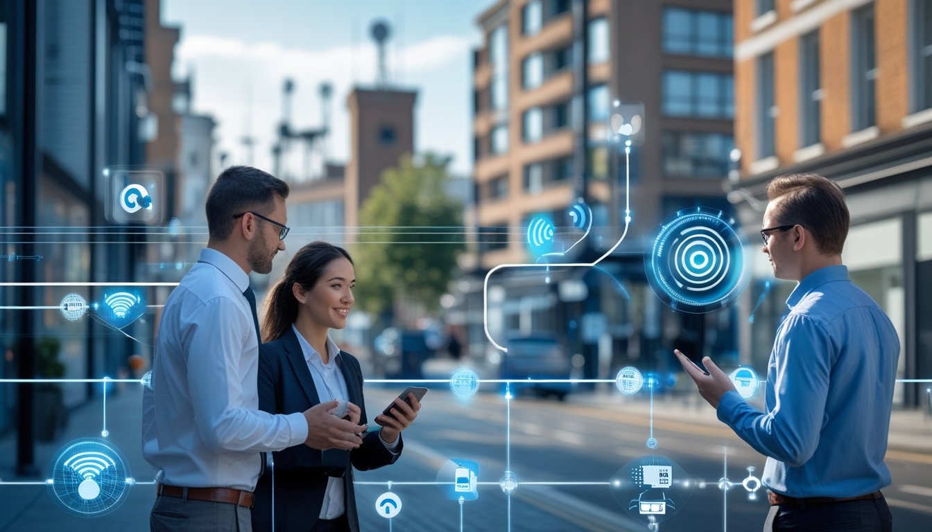 A busy UK city street with professionals discussing internet connectivity technology near buildings equipped with antennas and network equipment.