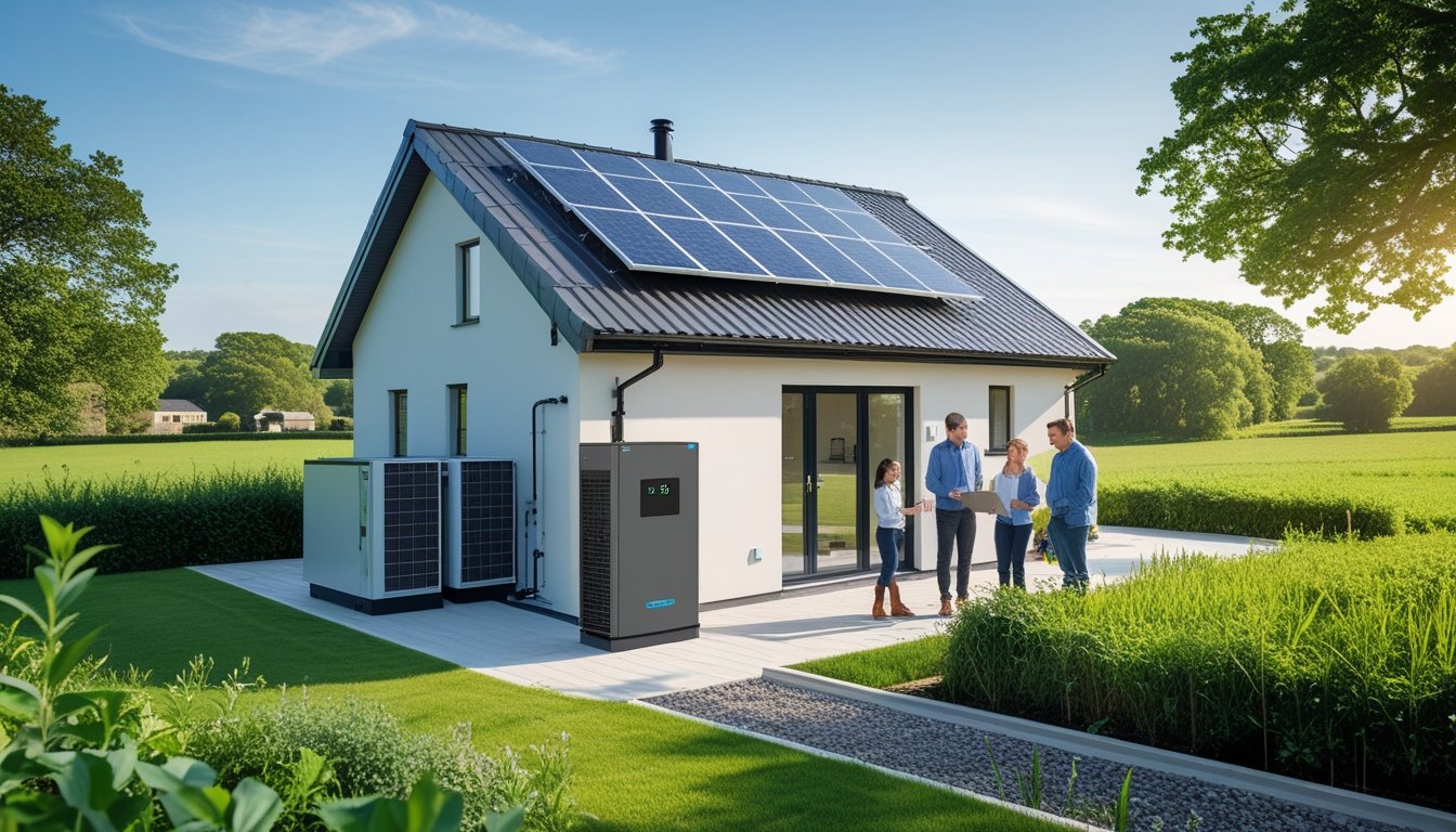 A rural UK home with solar panels and a heat pump outside, surrounded by green fields and trees, with people interacting near the house.