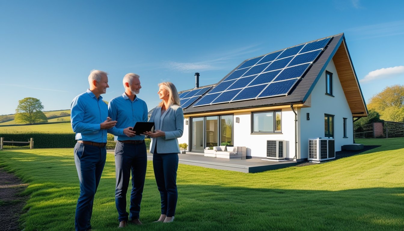 A rural UK home with solar panels and a heat pump outside, a couple discussing plans with a tablet in front of the house.