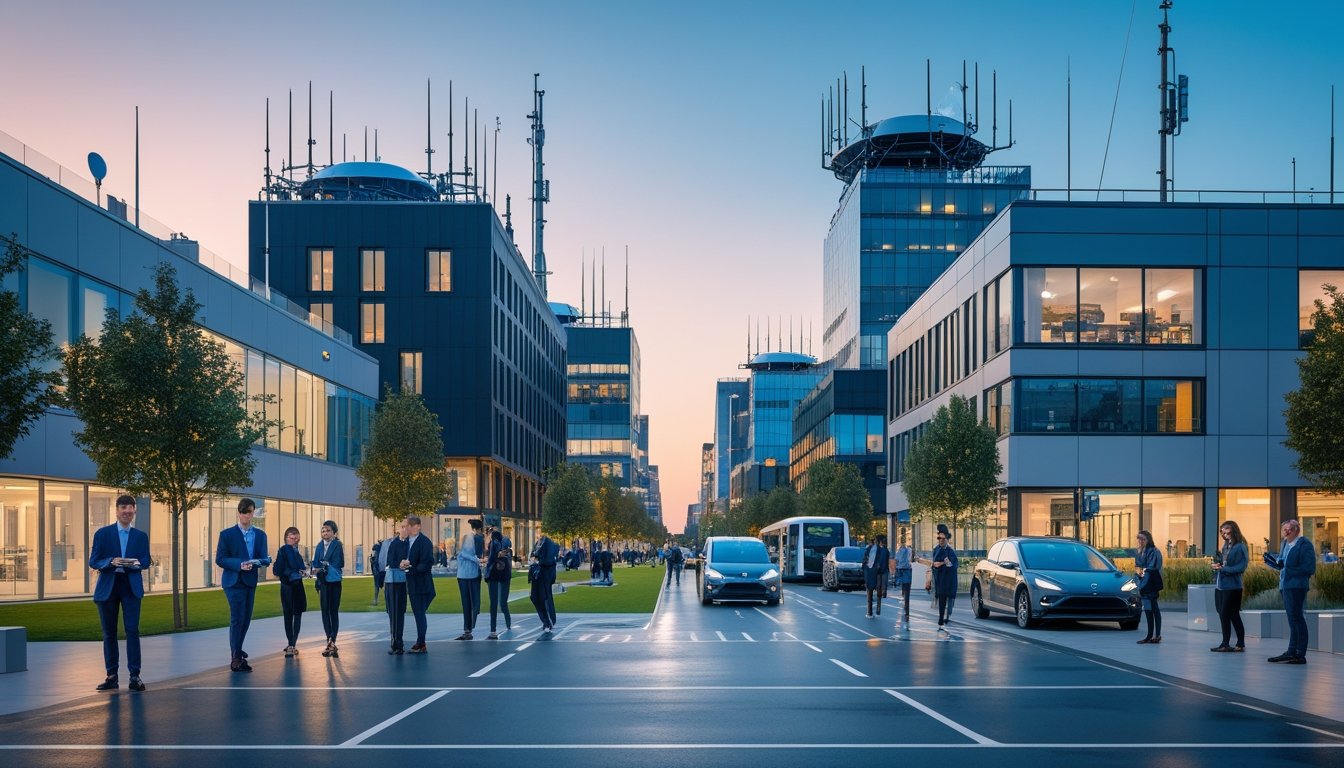 A modern UK city at dusk with people using digital devices outdoors, advanced internet technology on buildings, and smart transport on the streets.