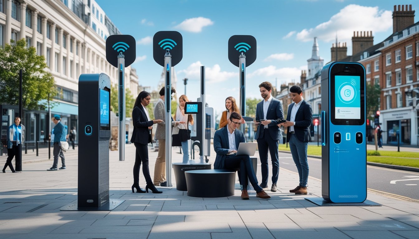 People using digital devices outdoors in a modern UK city with visible 5G antennas and smart city technology.