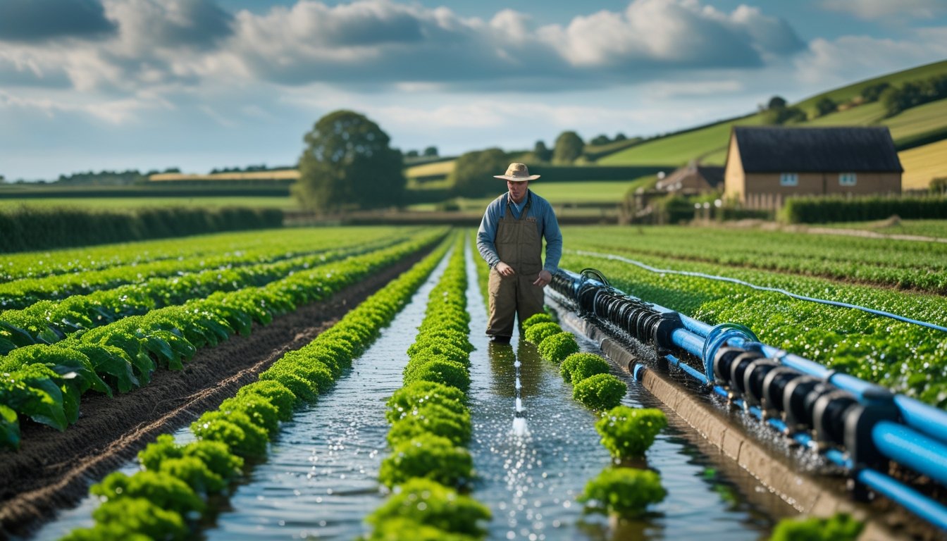 A farmer inspecting irrigation equipment on a green UK farm with crops and rolling hills in the background.