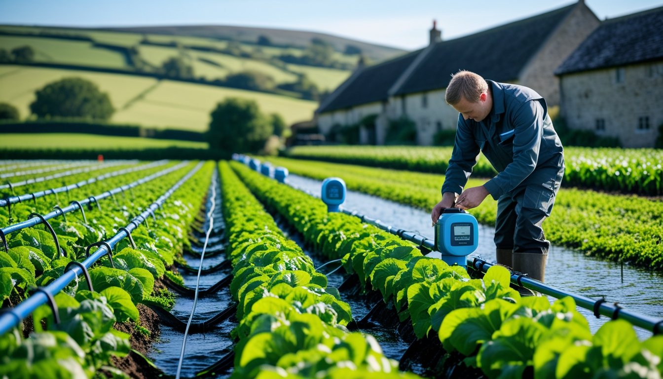 A UK rural farm with green crops being watered by an irrigation system, a farmer checking a water meter, and stone farm buildings in the background.