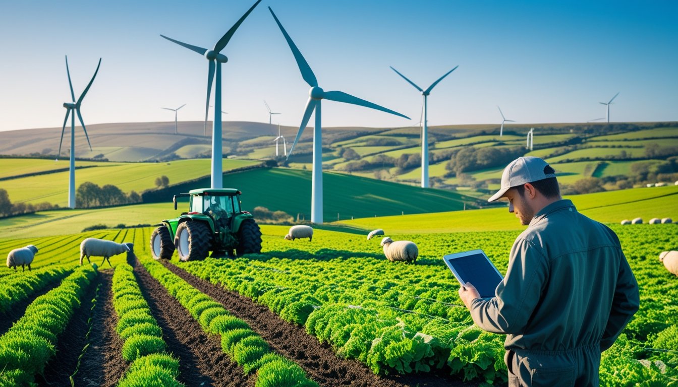 A rural UK farm with green fields, grazing sheep, modern wind turbines on hills, and a farmer using a tablet near a tractor.