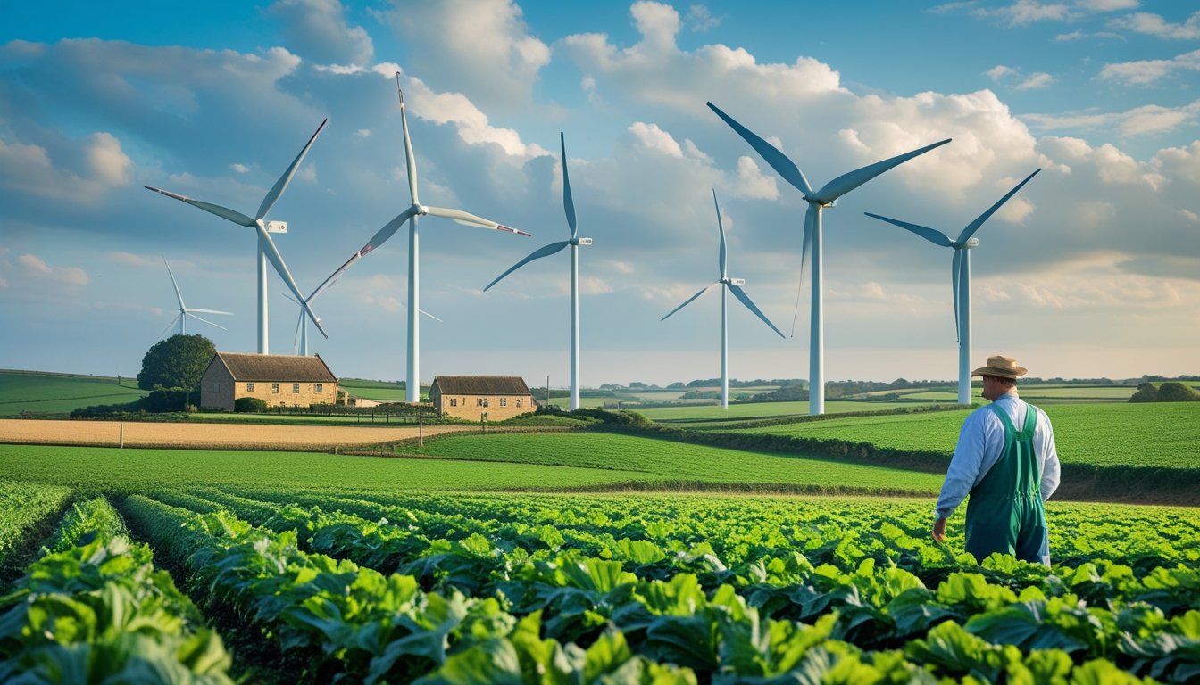 A rural UK farm with green fields, a farmer inspecting crops, and wind turbines in the background under a partly cloudy sky.