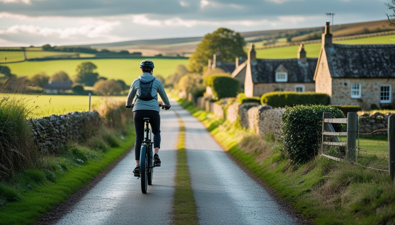 A person riding an electric bicycle on a country lane surrounded by green fields and traditional cottages in a rural UK setting.
