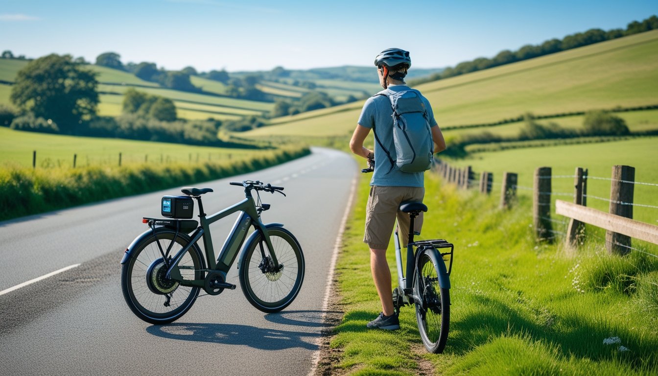 A person with a helmet standing next to an electric bicycle on a country road surrounded by green fields and hills in a rural UK area.