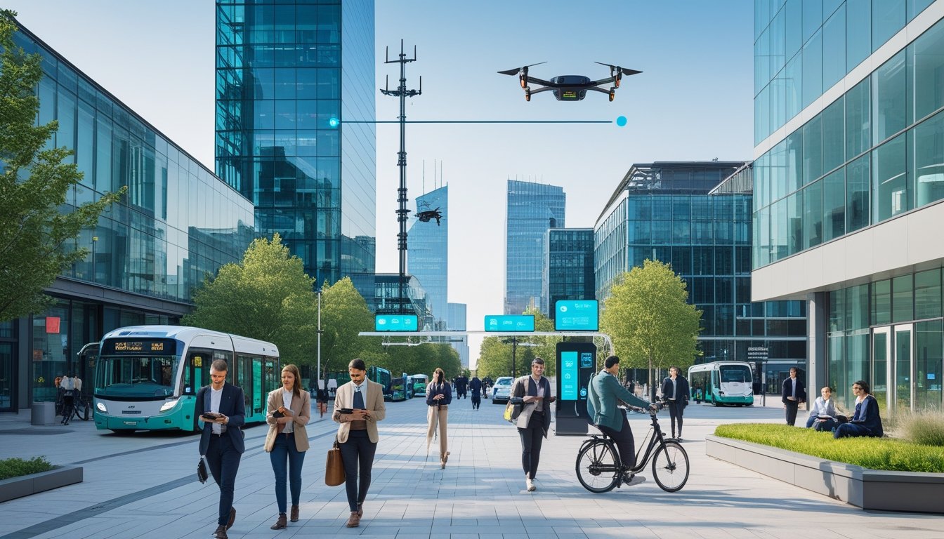 A busy UK city street with modern buildings, people using technology, electric buses, bicycles, and green spaces under a clear sky.