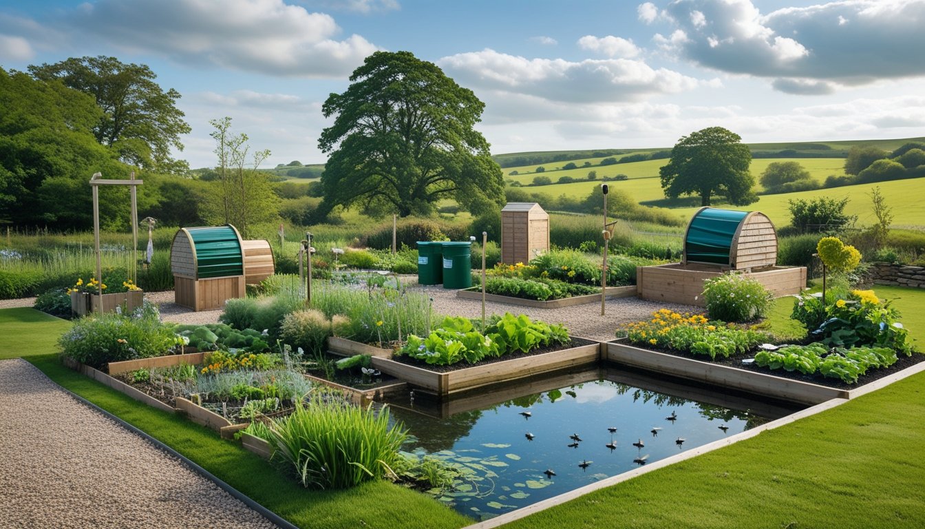 A rural UK garden with native plants, a natural pond, compost bins, vegetable beds, and rolling green hills in the background.