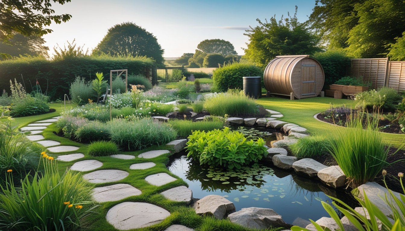 A rural UK garden with native plants, a small pond, stone pathways, a compost bin, and a rainwater barrel under a clear sky.