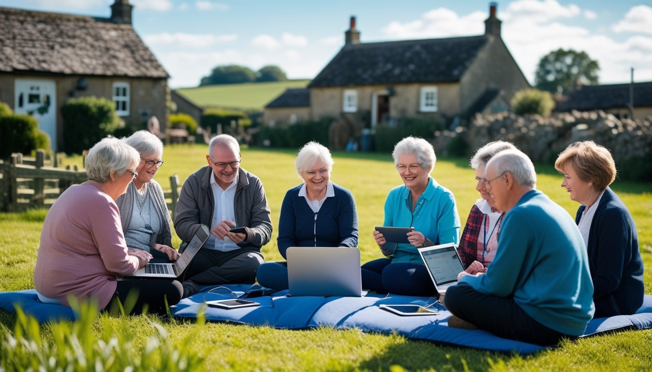 A group of adults and elderly people in a rural UK community centre learning to use laptops and tablets with the help of an instructor.