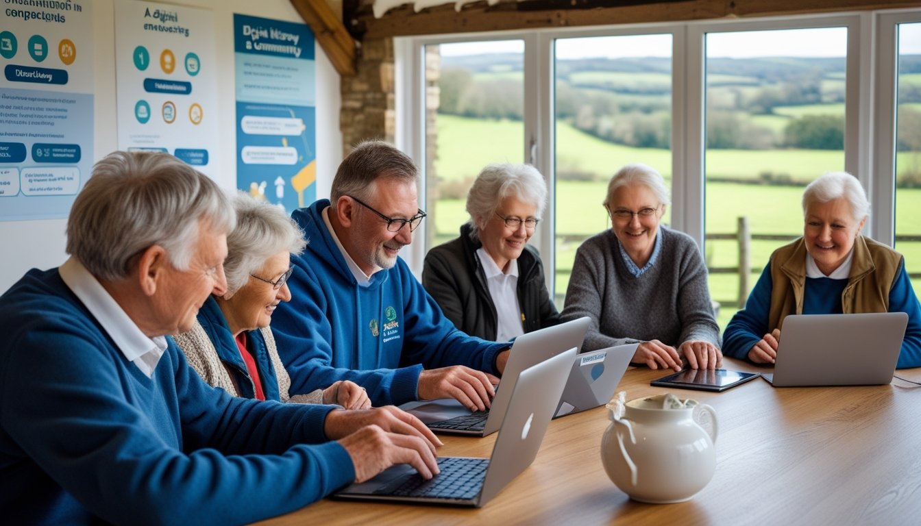 A group of rural UK adults learning to use laptops and tablets in a community centre with countryside visible through windows.