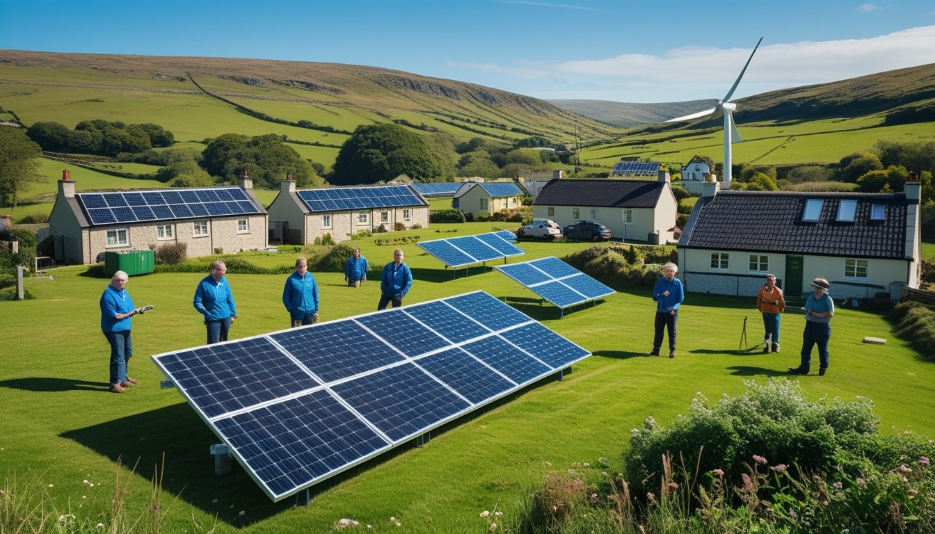 A remote rural community with houses, solar panels on rooftops, a wind turbine nearby, and people working together outdoors.