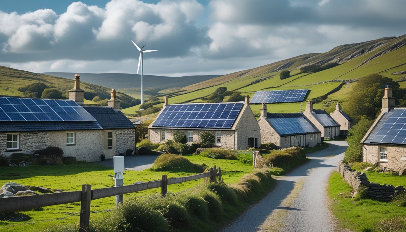 A rural UK community with cottages, solar panels on roofs, and a small wind turbine set among green hills under a cloudy sky.