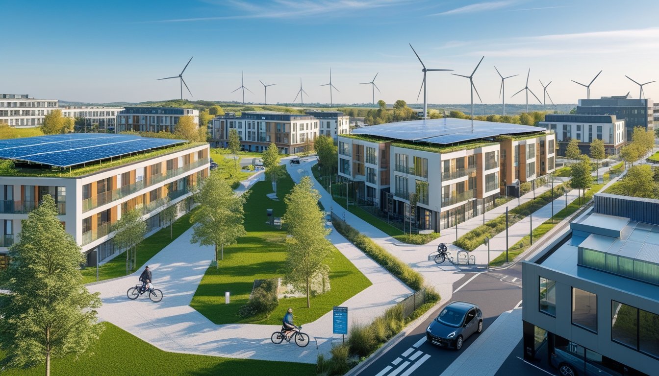 A modern UK city with buildings covered in solar panels, wind turbines in the background, green spaces, electric vehicles, and a cyclist on a bike lane.