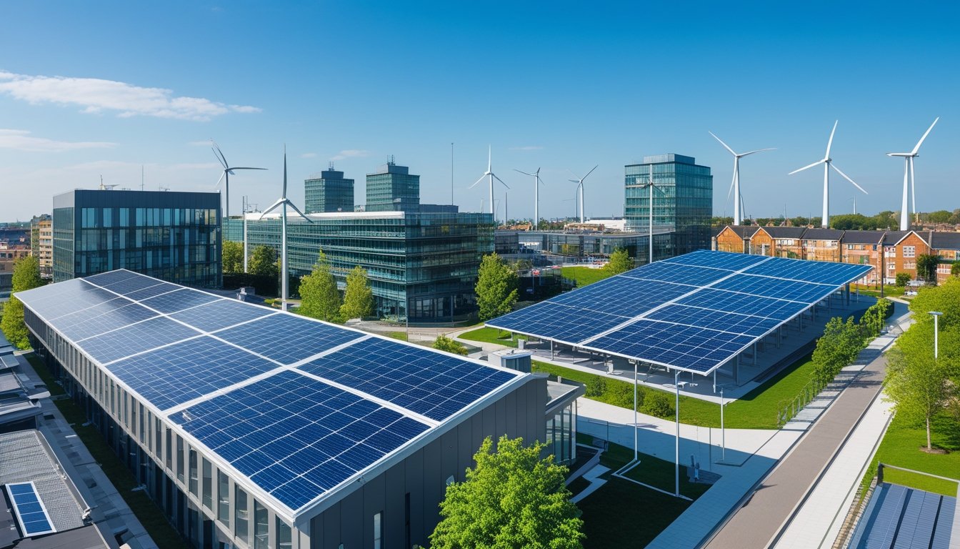 Urban area in the UK with buildings featuring solar panels and wind turbines in the background surrounded by trees and parks.