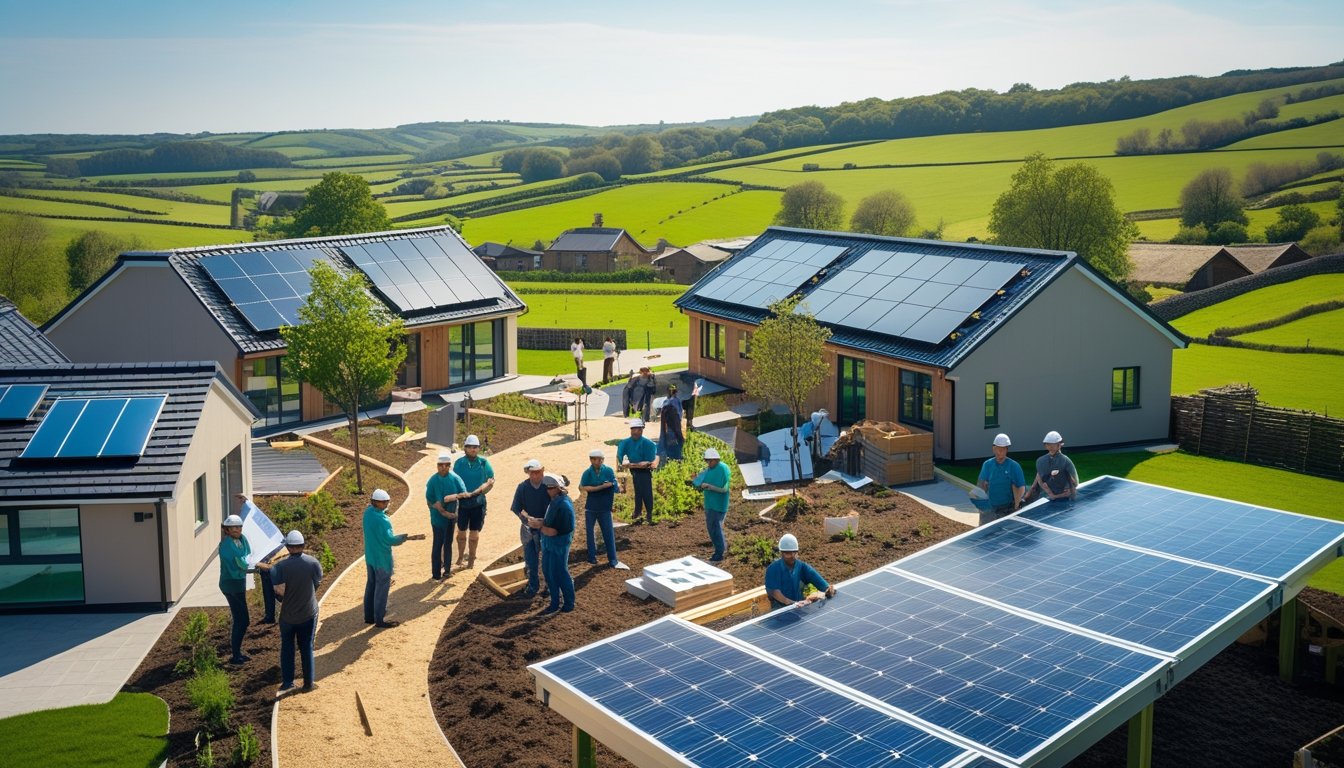 A group of people working together outdoors in a rural UK setting with eco-friendly houses and green fields in the background.