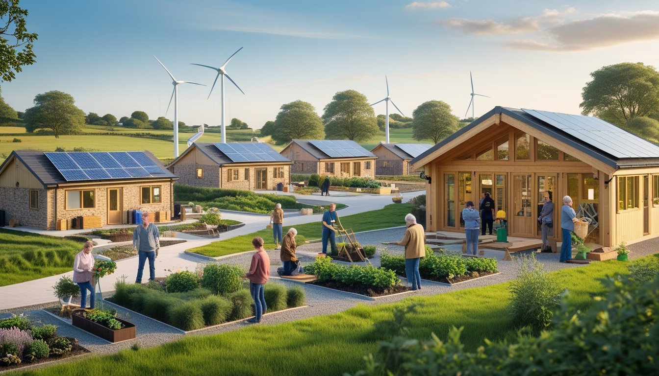 A rural UK village with eco-friendly homes, solar panels, wind turbines, green fields, and people working together on sustainable building projects.