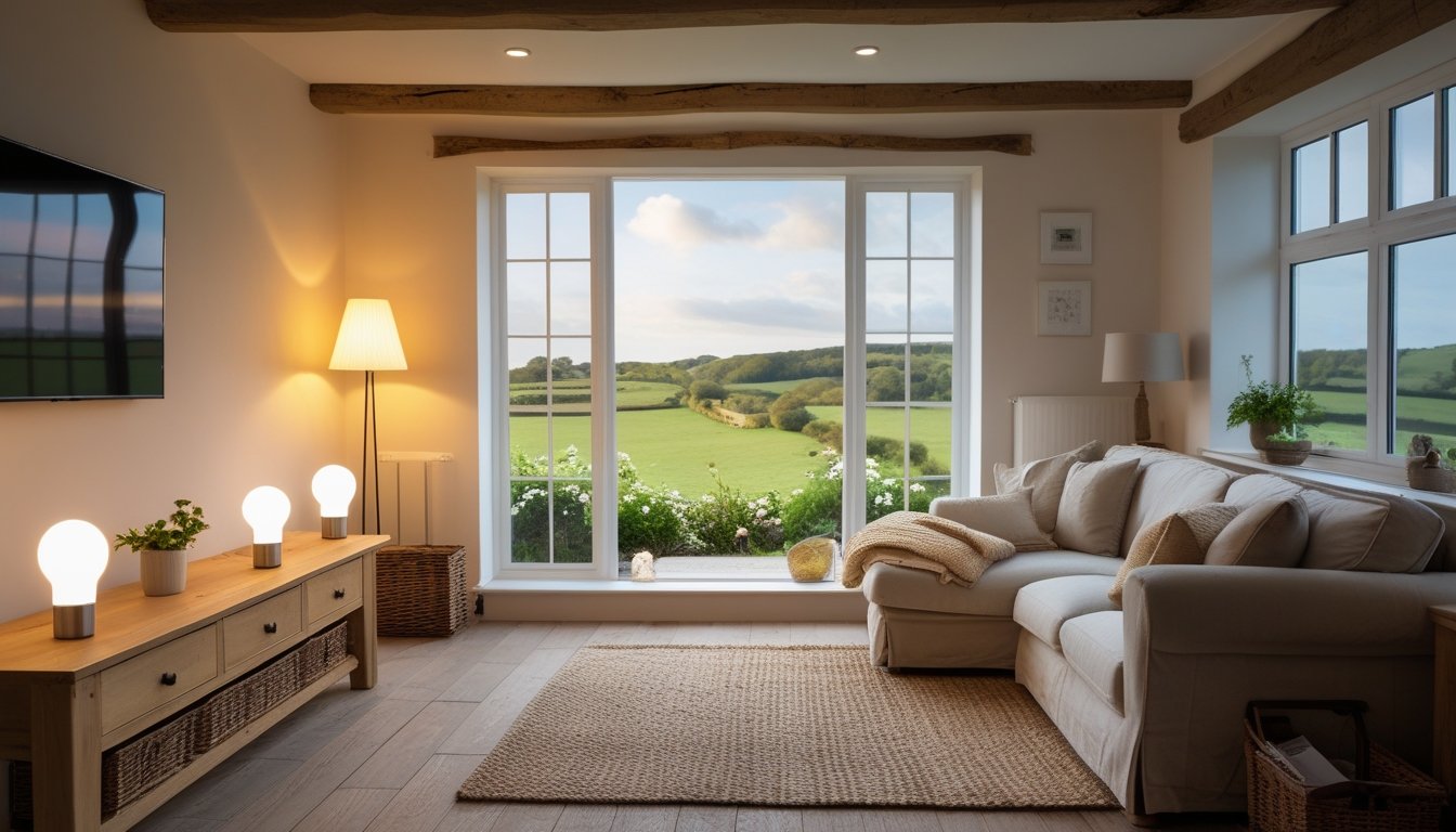 A cozy rural UK home living room with energy-efficient LED lighting and a view of the green countryside through the window.