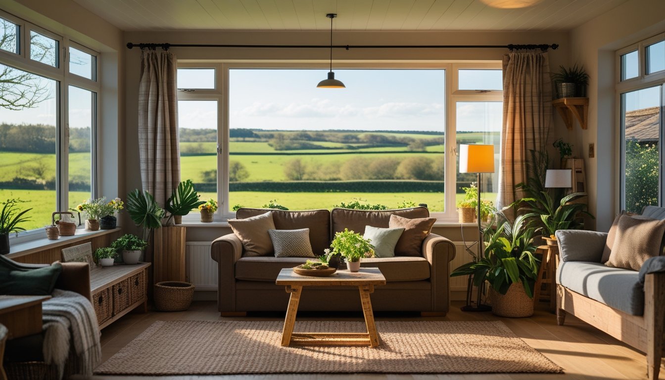A cosy rural UK living room with natural daylight and modern energy-efficient lighting, showing wooden furniture and countryside views through the window.