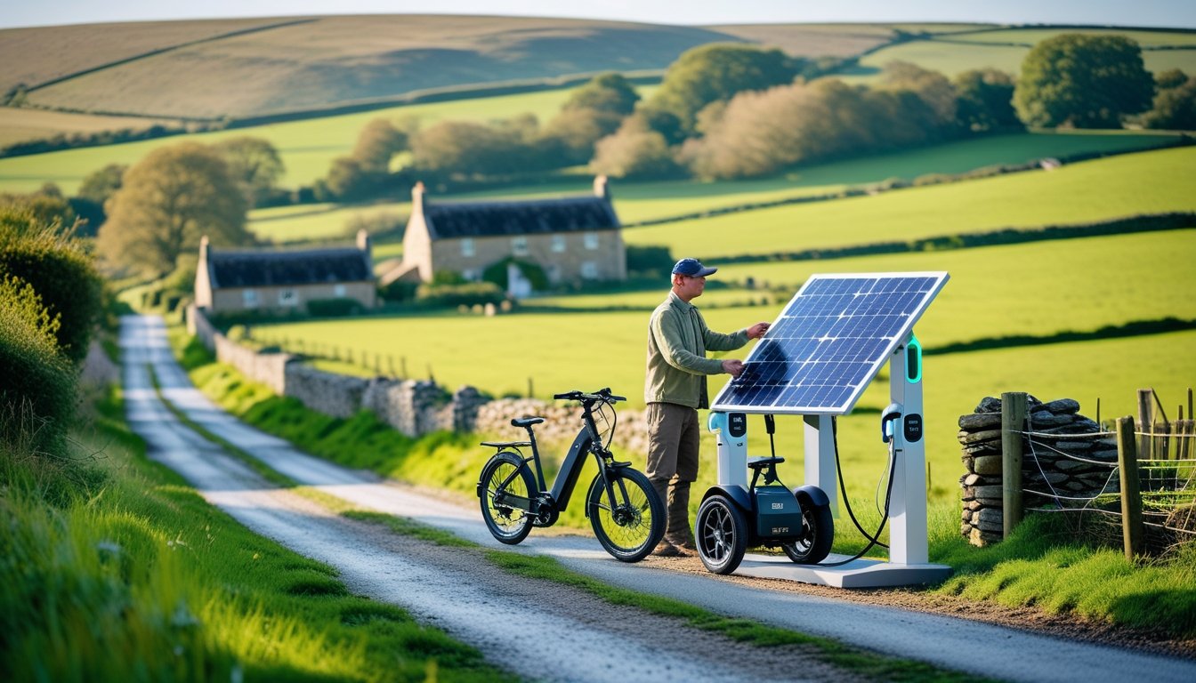 A rural UK countryside scene with green hills, stone cottages, an electric bicycle, a small electric vehicle, and a solar-powered charging station with a person using it.