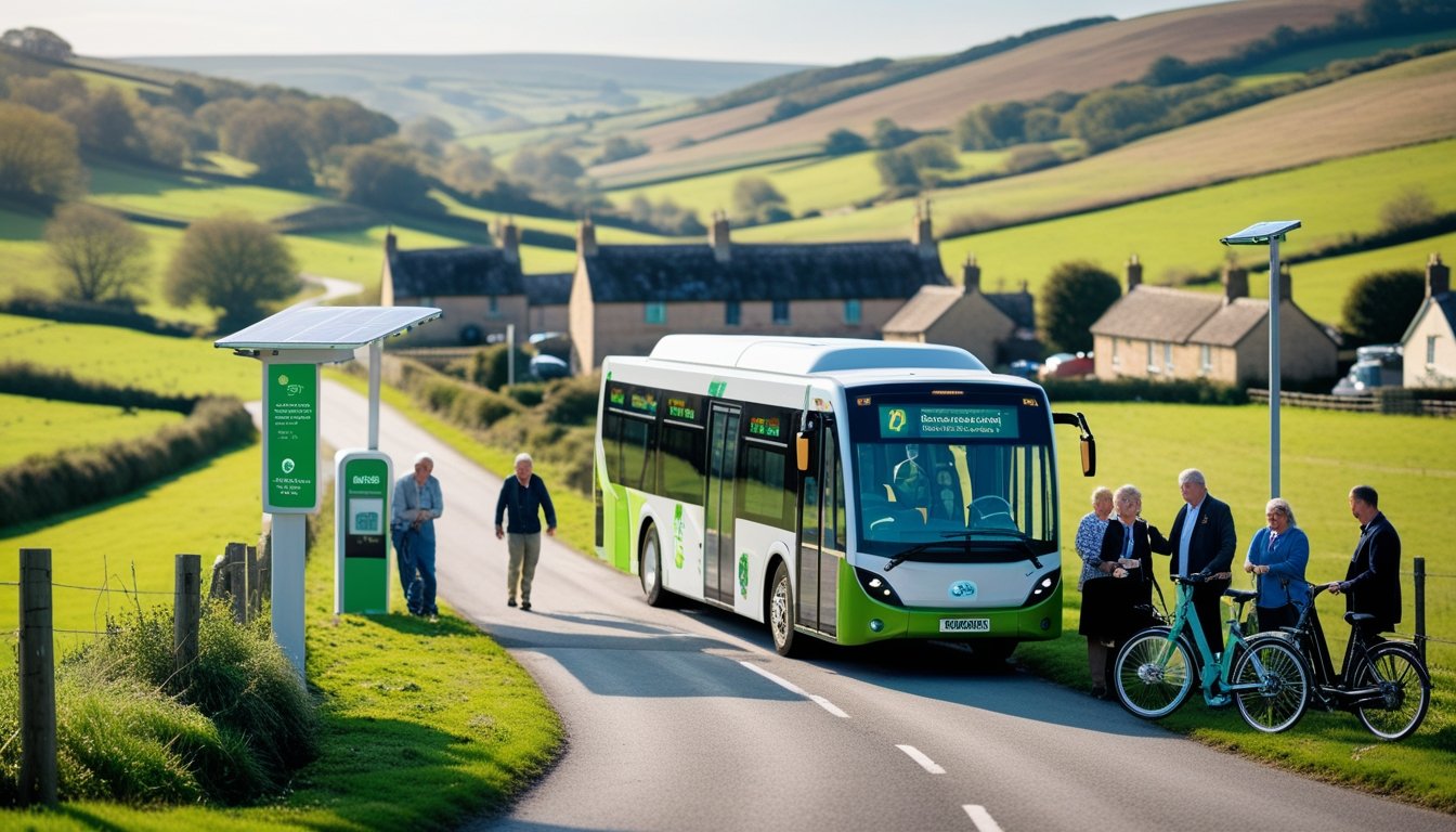 A rural UK scene with green hills, an electric bus at a small bus shelter, solar streetlights, electric bicycles, and local people interacting outdoors.