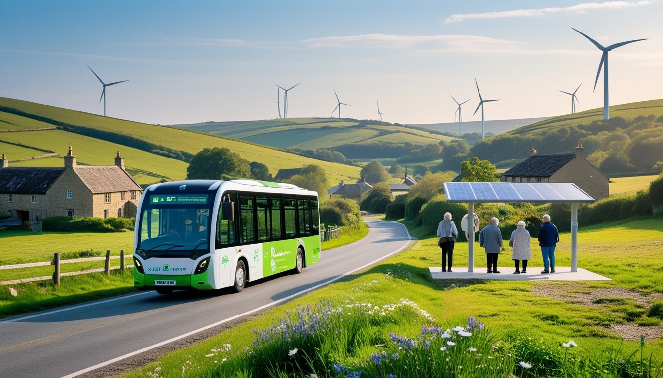 A modern electric bus travels through a green rural UK landscape with hills, cottages, and wind turbines under a clear sky.