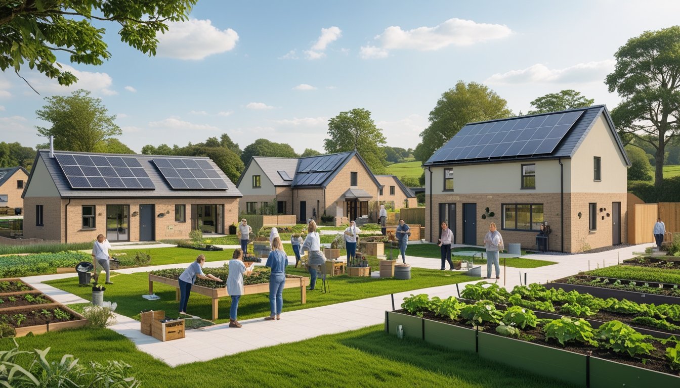 A rural UK village with eco-friendly houses and community members working together outdoors surrounded by greenery.