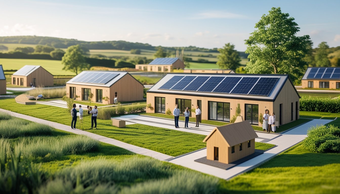 A group of people discussing sustainable houses with solar panels in a green rural UK landscape.