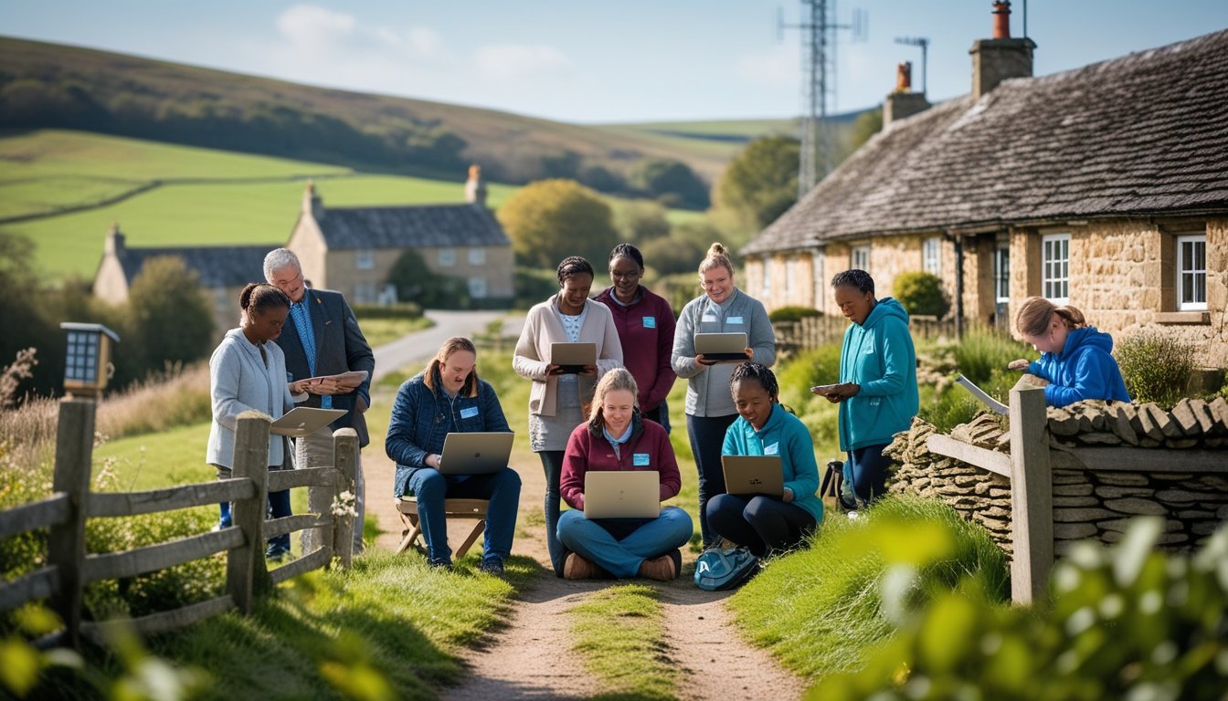 A group of people using digital devices outdoors in a UK countryside village with stone cottages and green hills in the background.