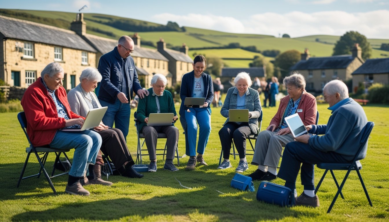 A group of people in a UK countryside village using digital devices outdoors, with traditional cottages and green hills in the background.