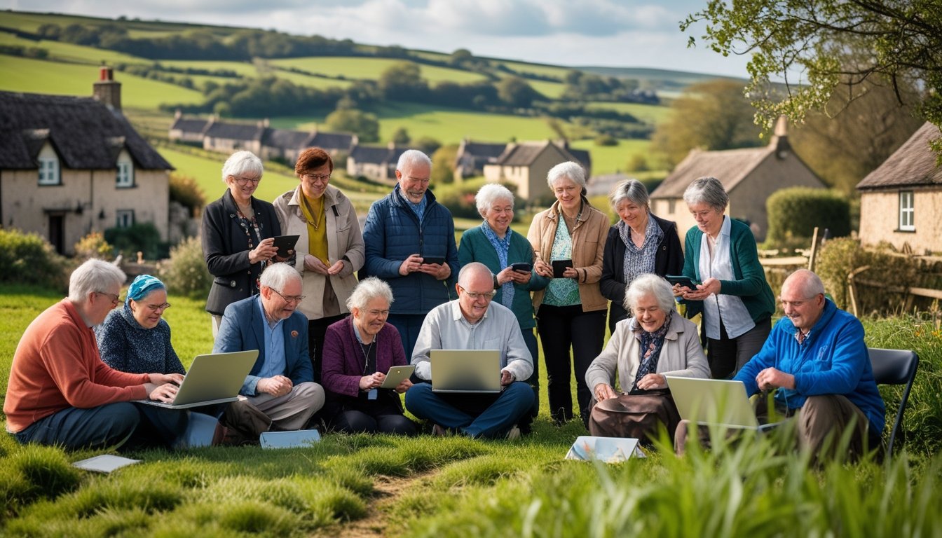 A group of people in a UK countryside village using digital devices together outdoors, with green hills and cottages in the background.
