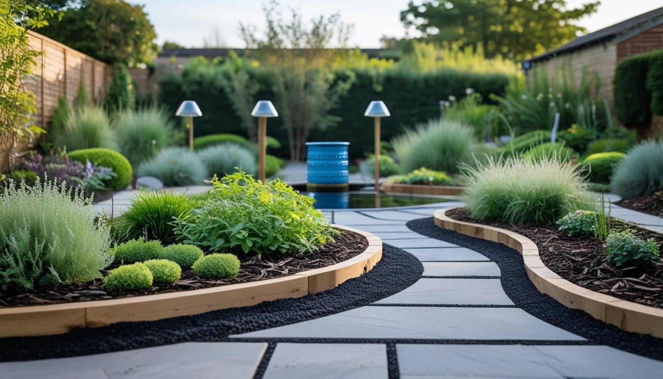A UK garden with native plants, rainwater harvesting system, permeable stone paths, and solar-powered lights emphasizing water conservation and sustainable materials.