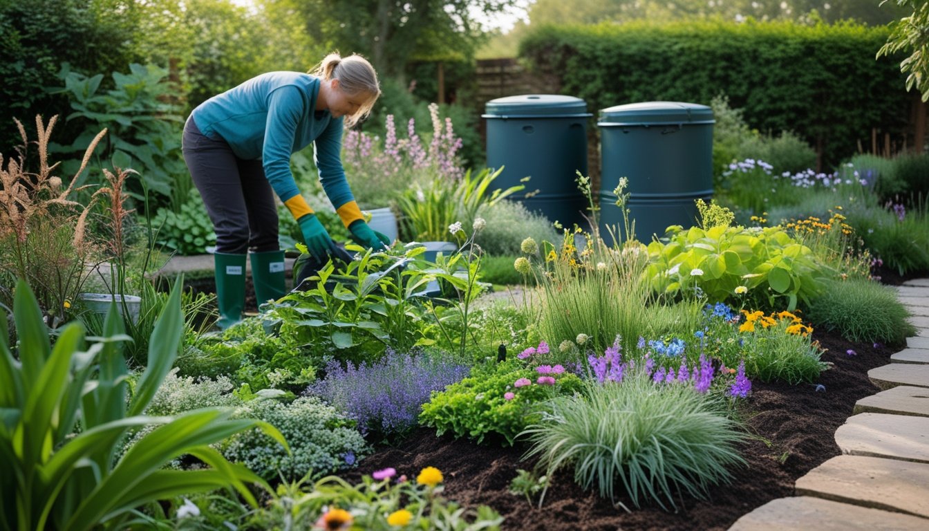 A gardener tending to a UK garden with native plants, compost bins, and a stone pathway under natural daylight.