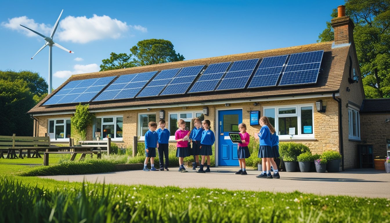 A UK village school with solar panels and a wind turbine, children and teachers outside on a sunny day.