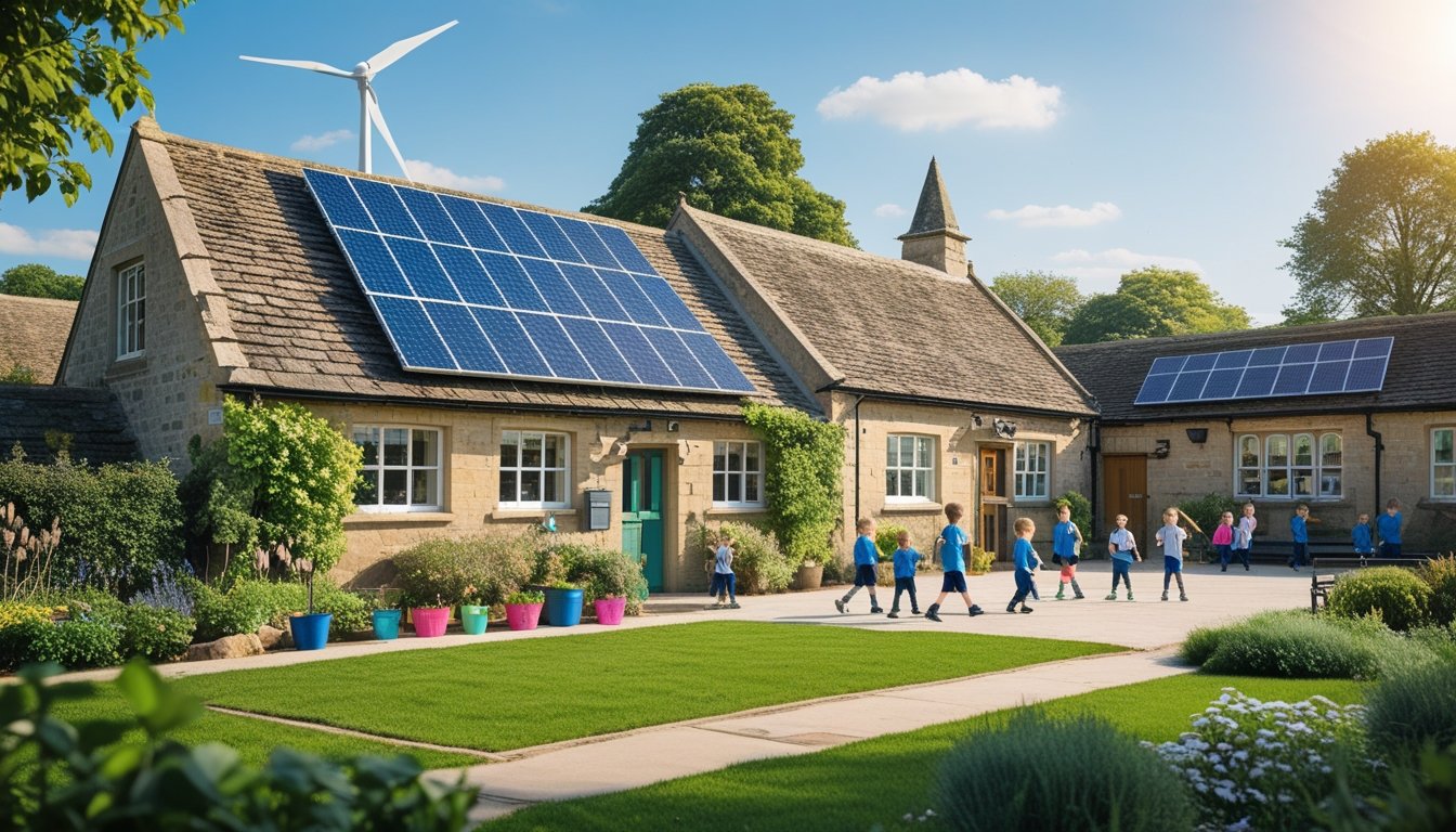 A UK village school with solar panels and a wind turbine, children playing outside, and teachers nearby in a green rural setting.