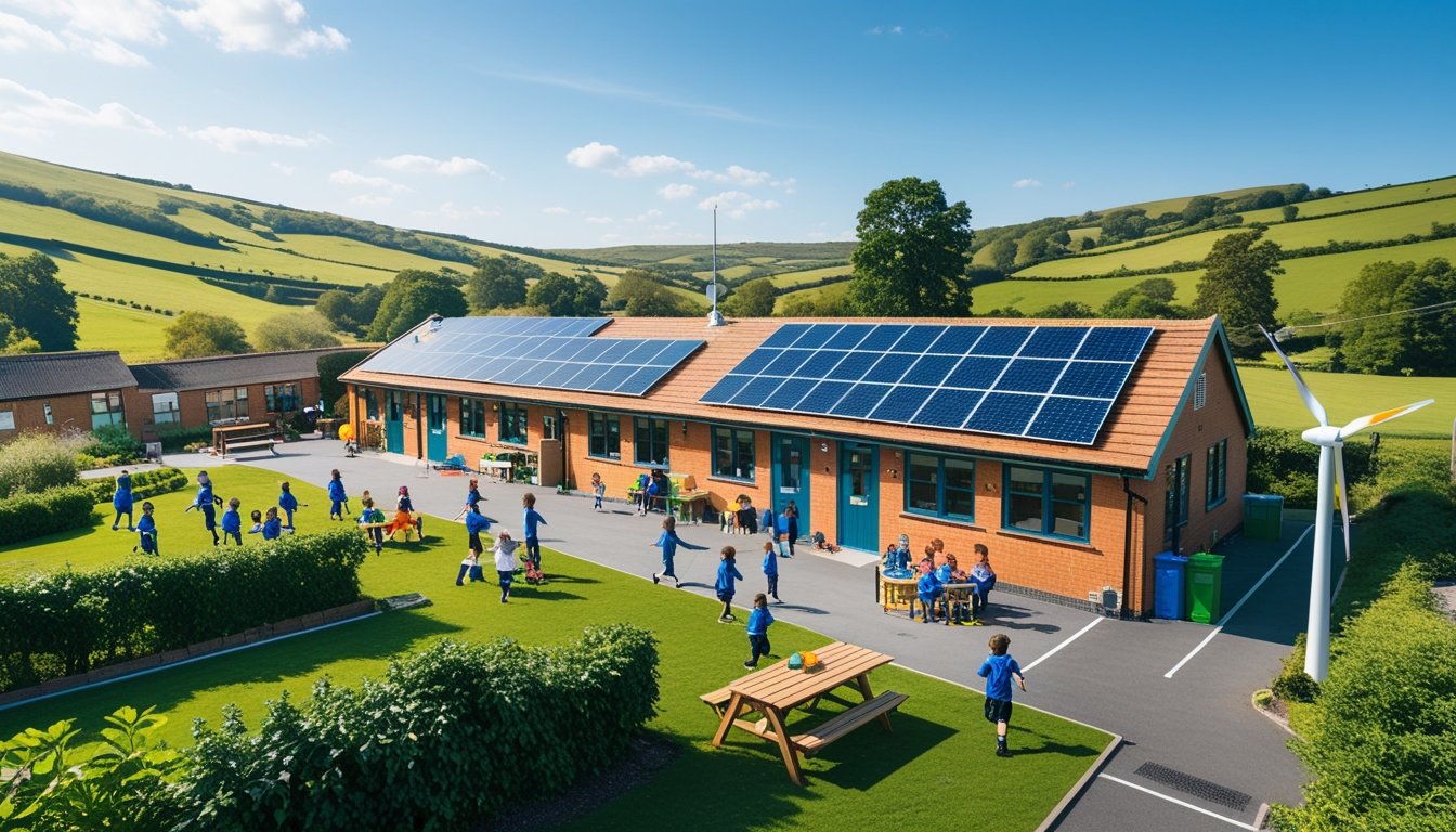 A UK village school with solar panels and a wind turbine, surrounded by greenery and children playing outside.