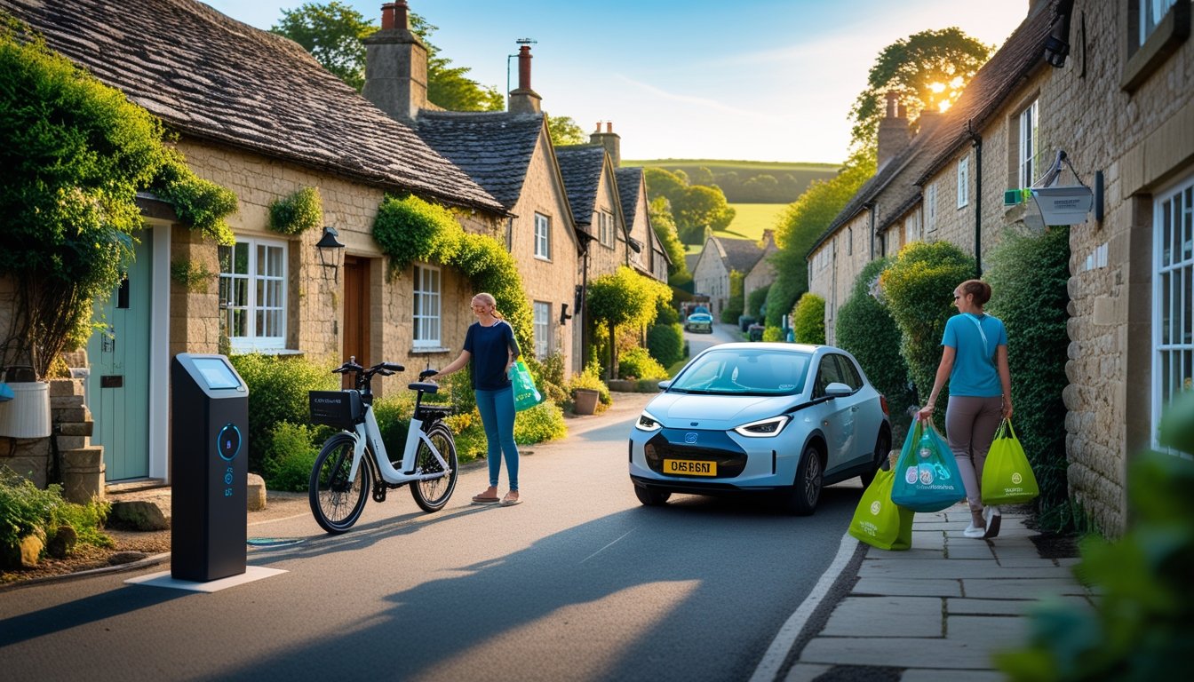 A quiet UK village street with stone cottages, an electric bike and electric car near a solar charging station, and villagers using eco-friendly transport.