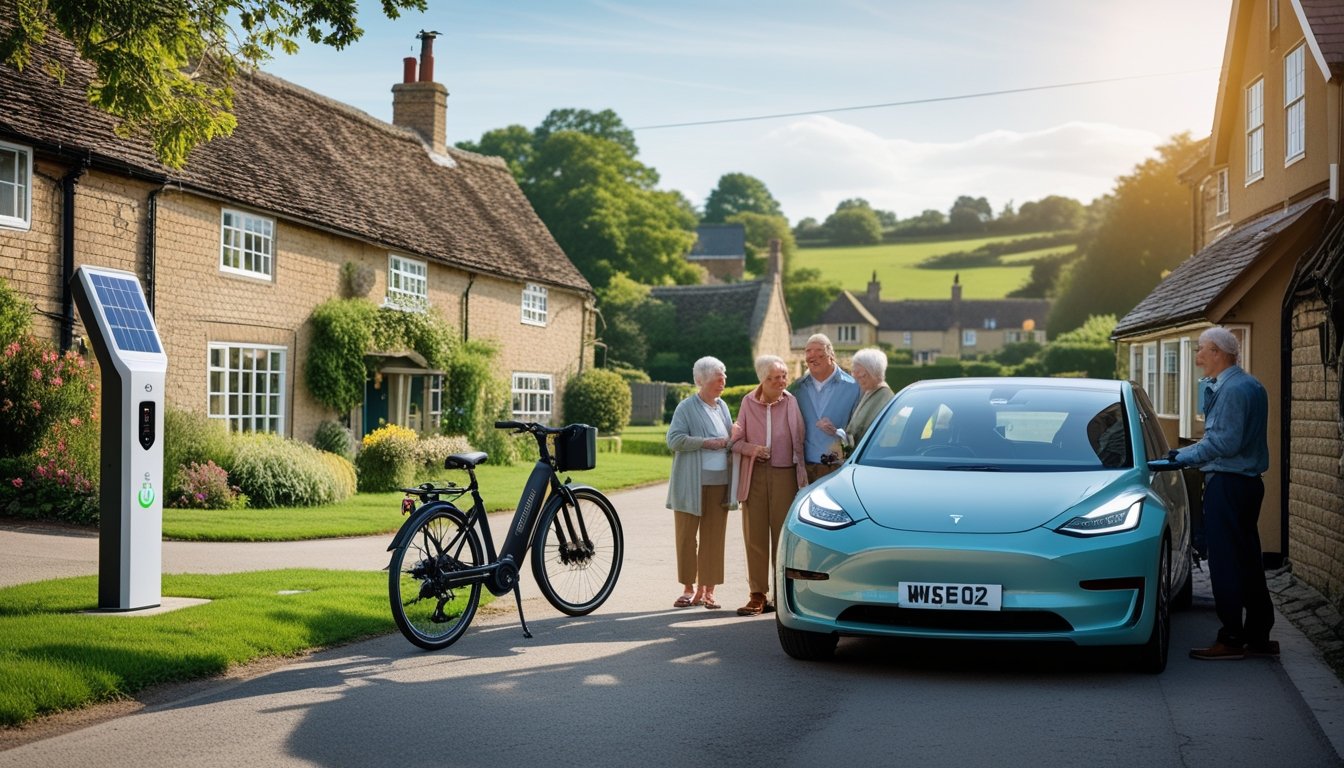 A UK village street with traditional cottages, an electric bicycle by a solar charging station, an electric car, and villagers talking nearby.