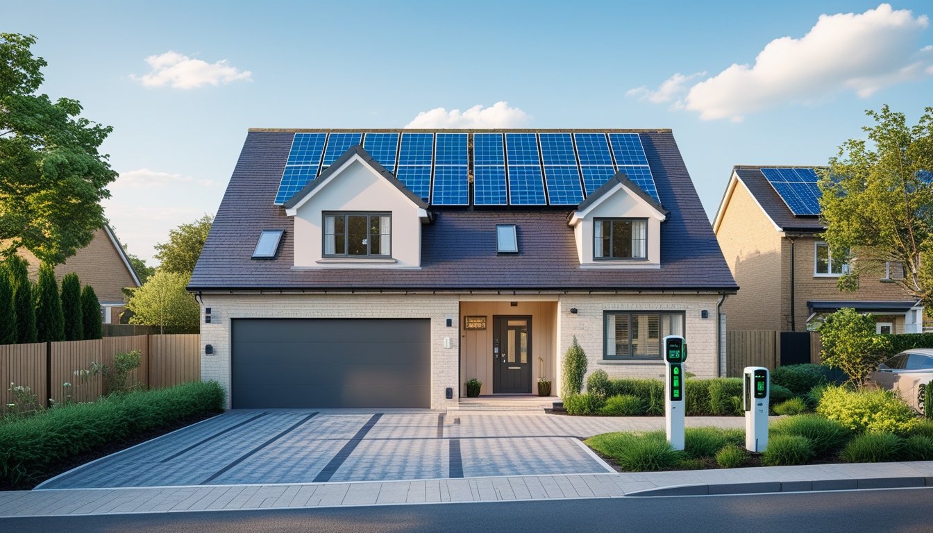 A modern UK home with solar panels, greenery, and an electric vehicle charging station in the driveway.