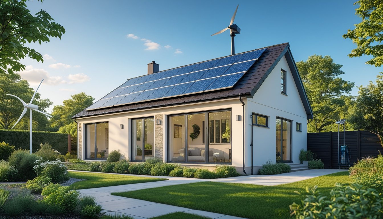 A modern UK home with solar panels and a small wind turbine surrounded by green plants and trees.