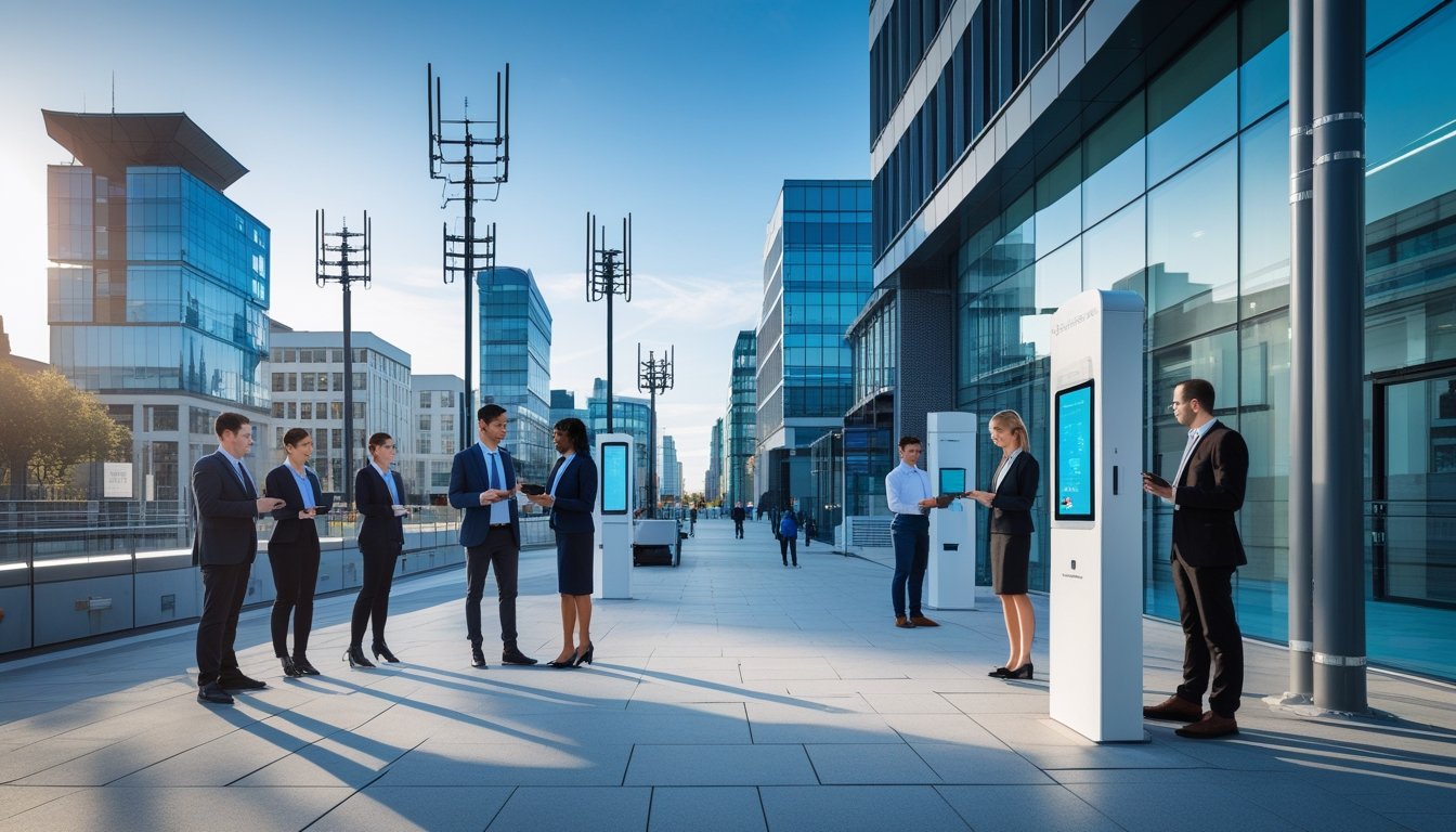 A modern UK city street with buildings, digital technology installations, and professionals using electronic devices outdoors.
