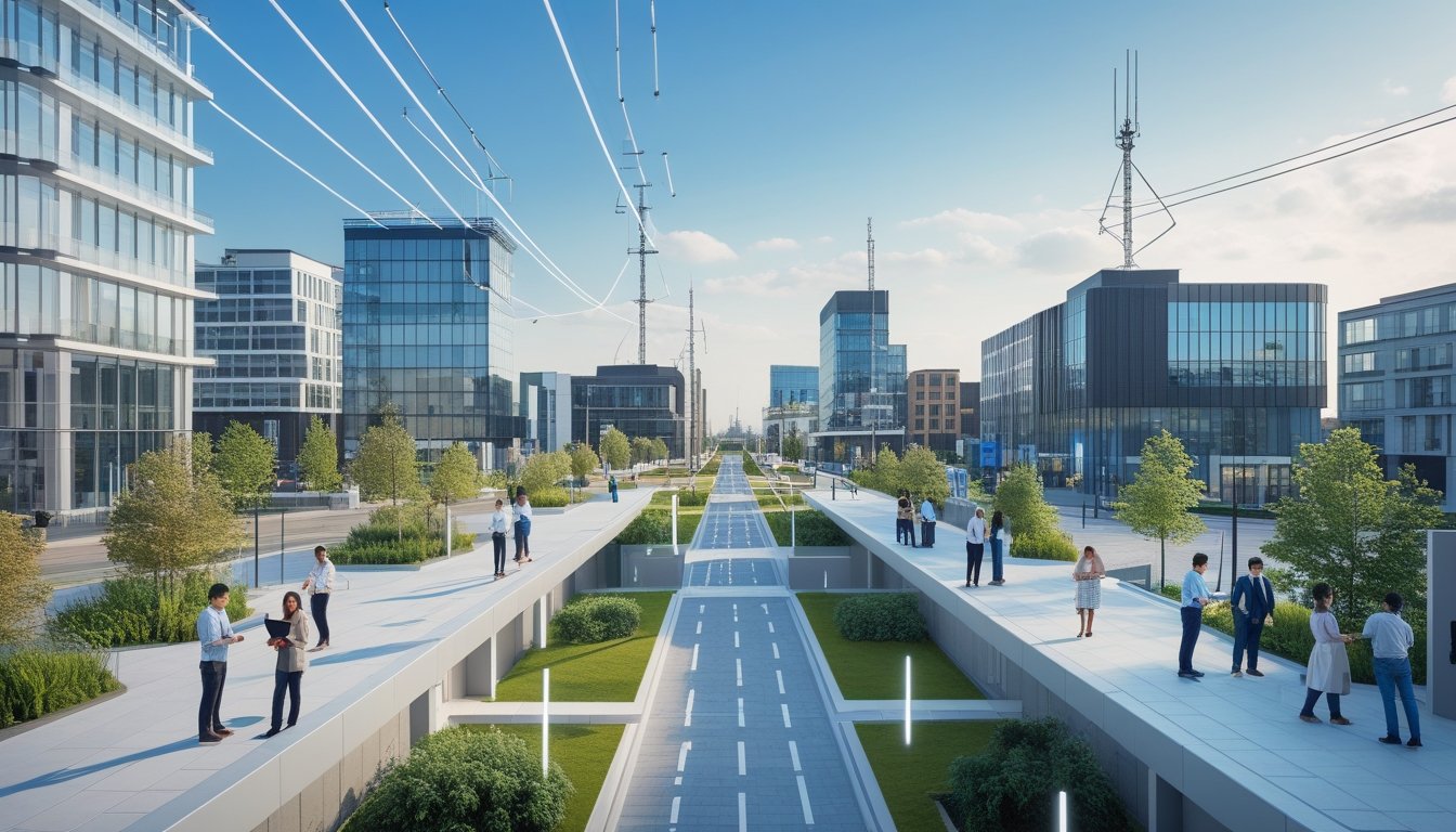A cityscape in the UK showing modern buildings with digital technology elements and people using digital devices outdoors.