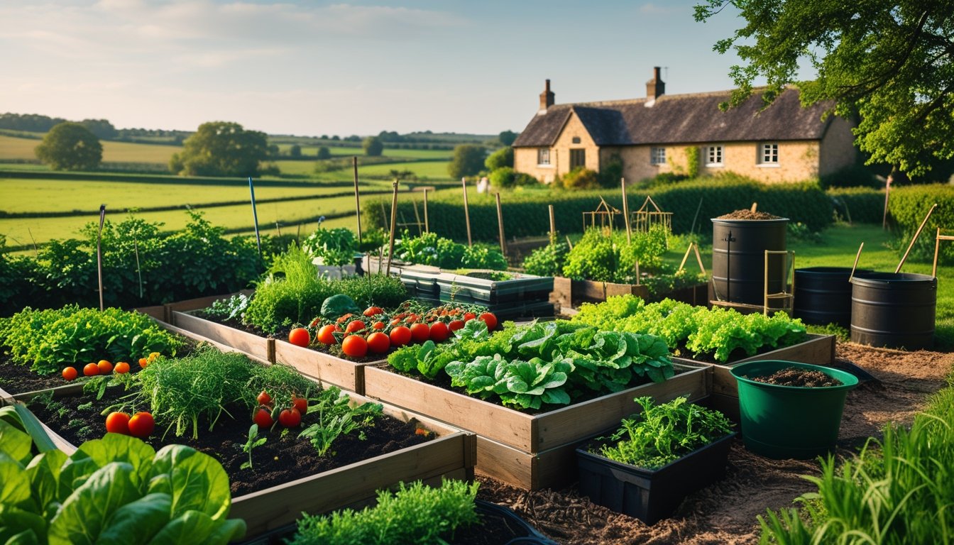 A UK rural garden with vegetable beds, compost bins, rainwater barrel, and a farmhouse in the background surrounded by green fields.