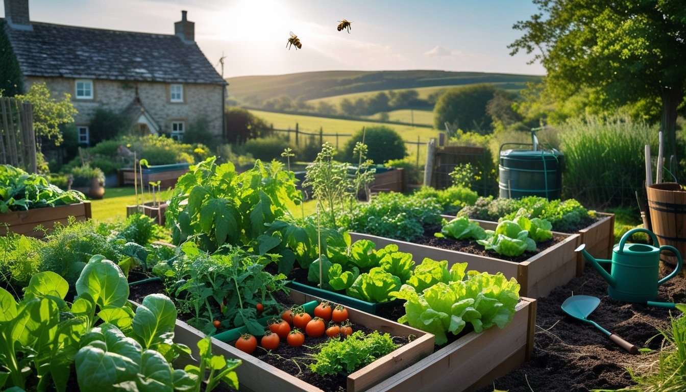 A rural UK garden with vegetable plants, raised beds, compost bins, and a stone cottage in the background under a clear sky.