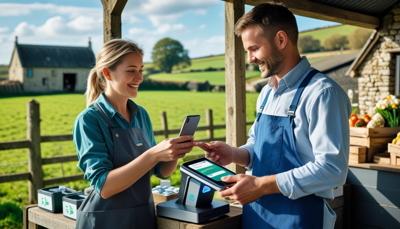 A rural UK shop where a customer pays using a smartphone and the shopkeeper holds a digital payment terminal, with green fields and stone buildings in the background.
