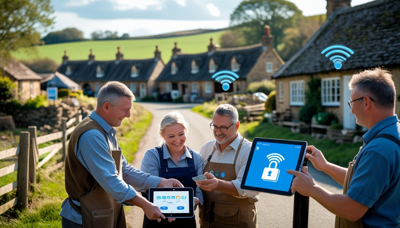 Rural UK business owners using a digital payment device outdoors near traditional cottages and farmland.
