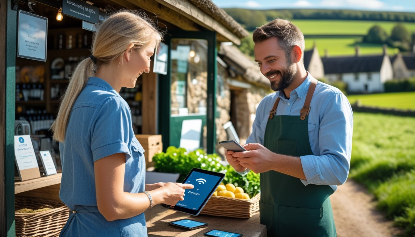 A shopkeeper and customer in a rural UK setting completing a digital payment using a tablet and contactless card outside a countryside shop.
