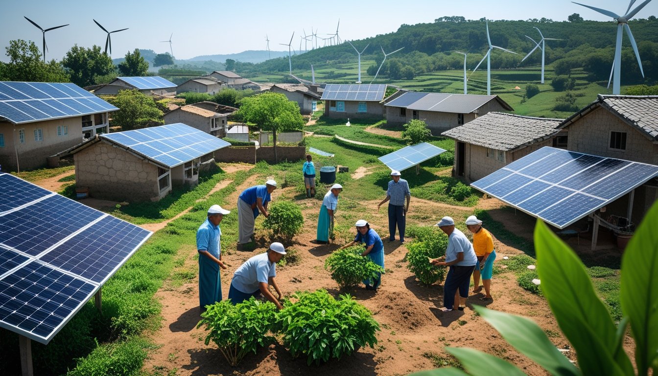 A rural village with houses, solar panels on rooftops, wind turbines in the distance, and people planting trees and maintaining solar equipment.