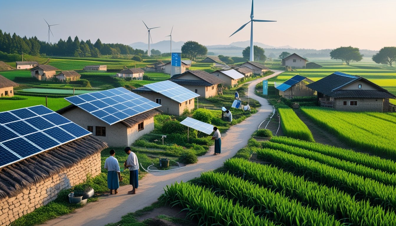A rural village with solar panels on roofs, a wind turbine in the background, and villagers working outdoors among green fields.